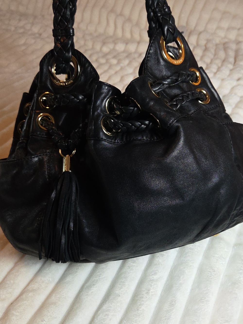 MICHAEL Michael Kors Black Soft Leather Braided Grommet Satchel Purse